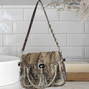 Elliott Lucca Snakeskin Leather Hobo Tote Shoulder Purse Bag w/ Tassels